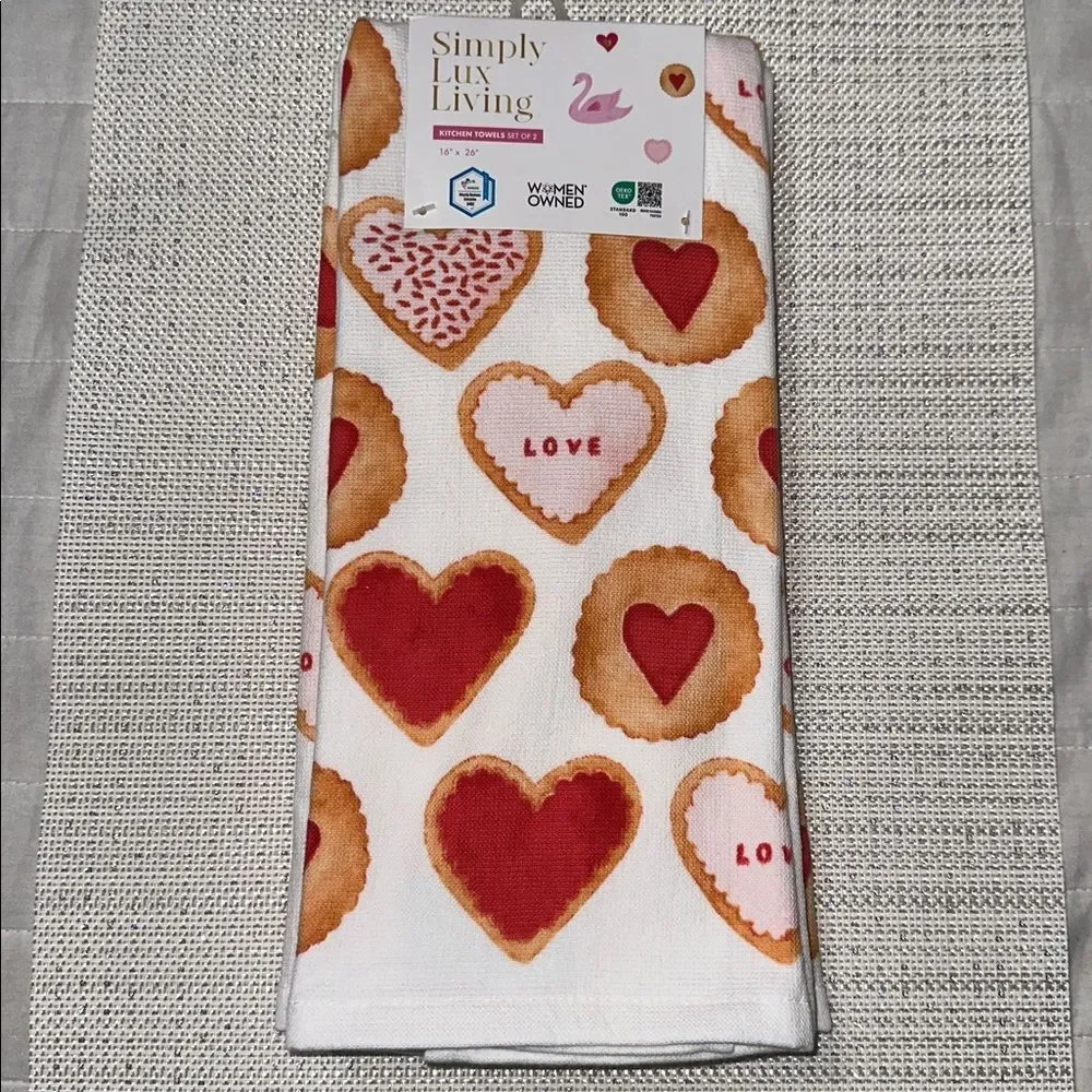 SLL Valentine’s Day White Red Pink Tan Cookies Hearts Cotton Bamboo Tea Towels